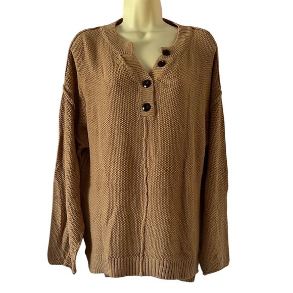 Chic Tan Button-Up Knit Sweater Oversized Woman Small Pullover Casual - Picture 1 of 10